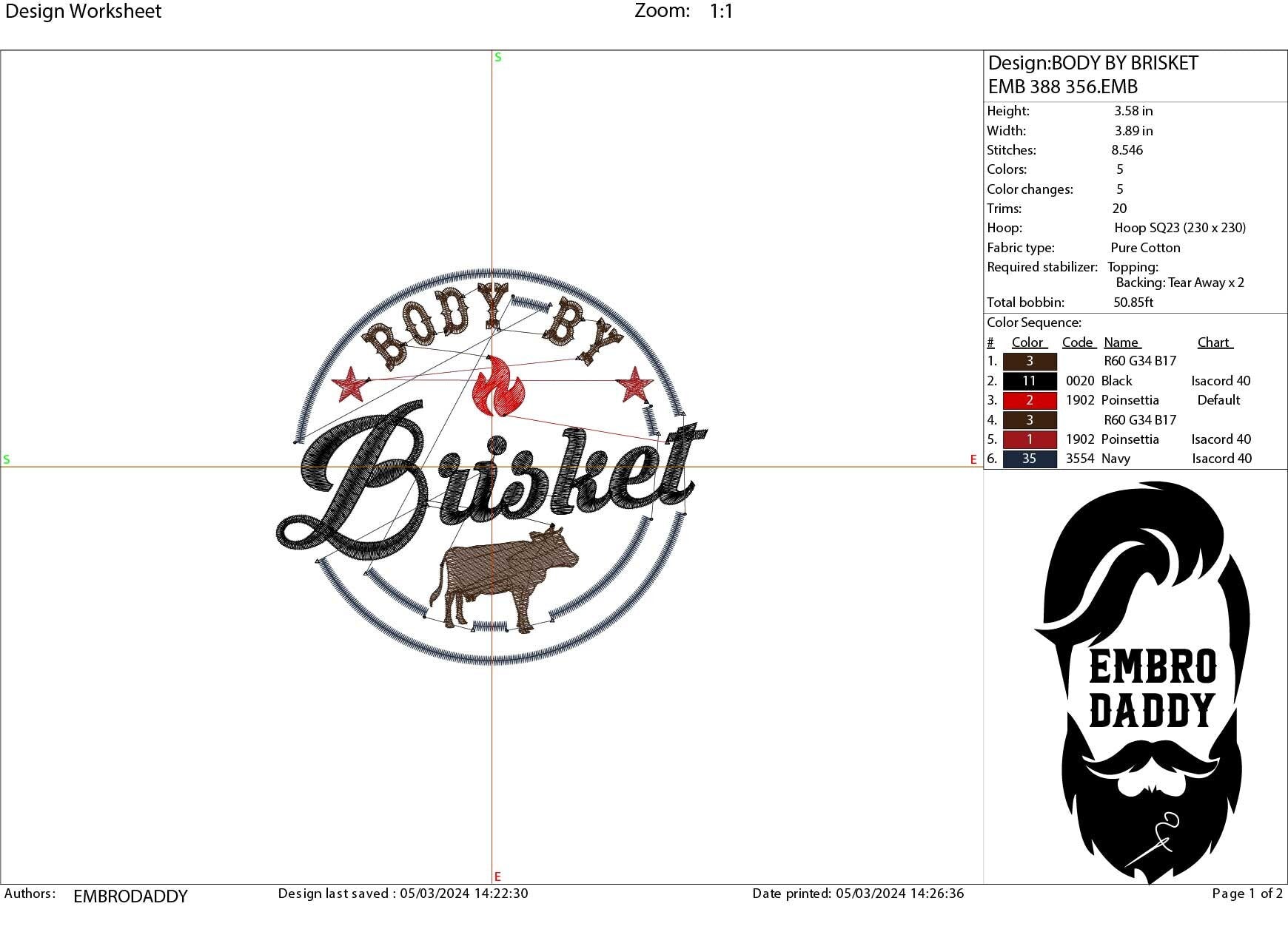 Machine Embroidery files, body by Brisket, BBQ, grill, DST, PES, xxx, hus, & more