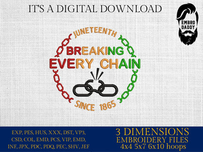 Machine Embroidery files, Juneteenth Breaking every chain since 1865, PES, hus, dst, vp3 & more