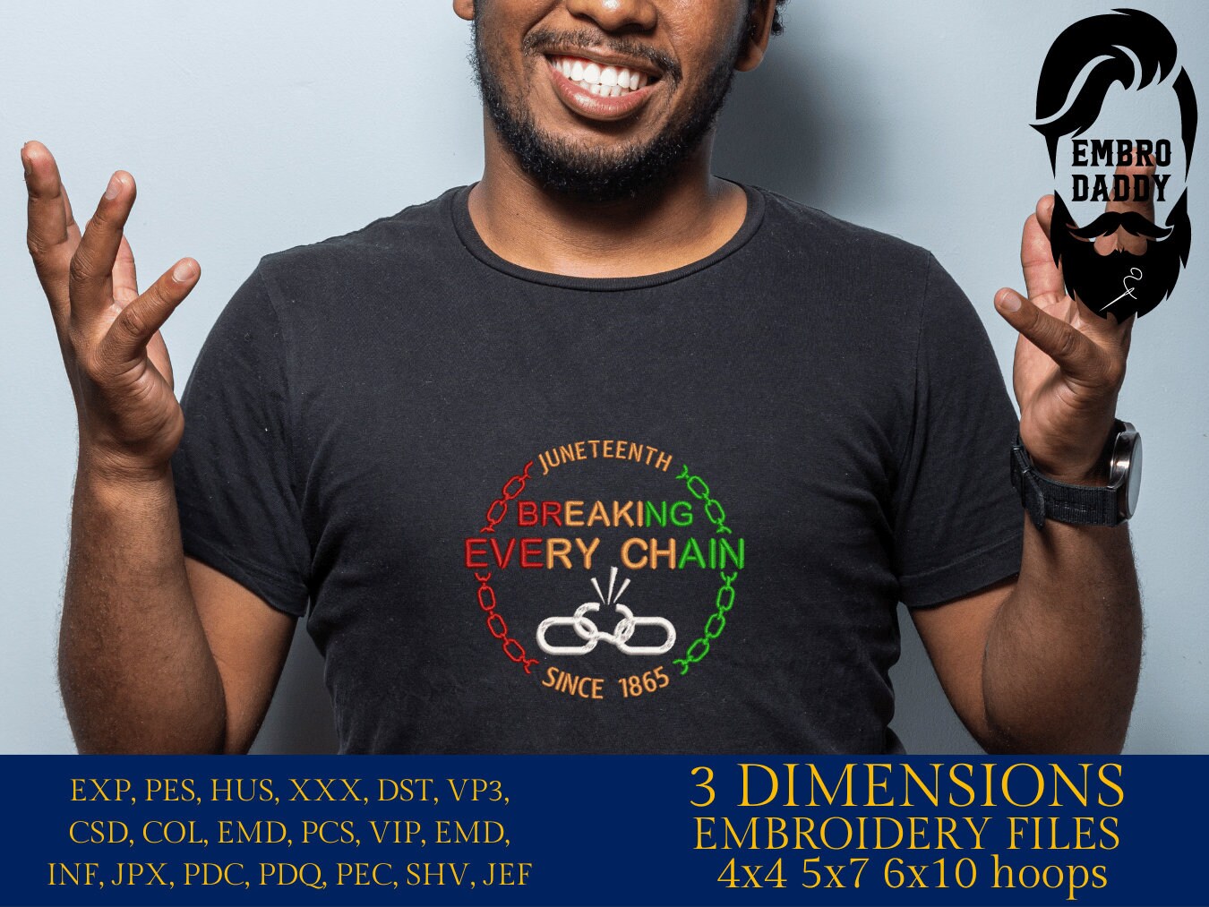 Machine Embroidery files, Juneteenth Breaking every chain since 1865, PES, hus, dst, vp3 & more