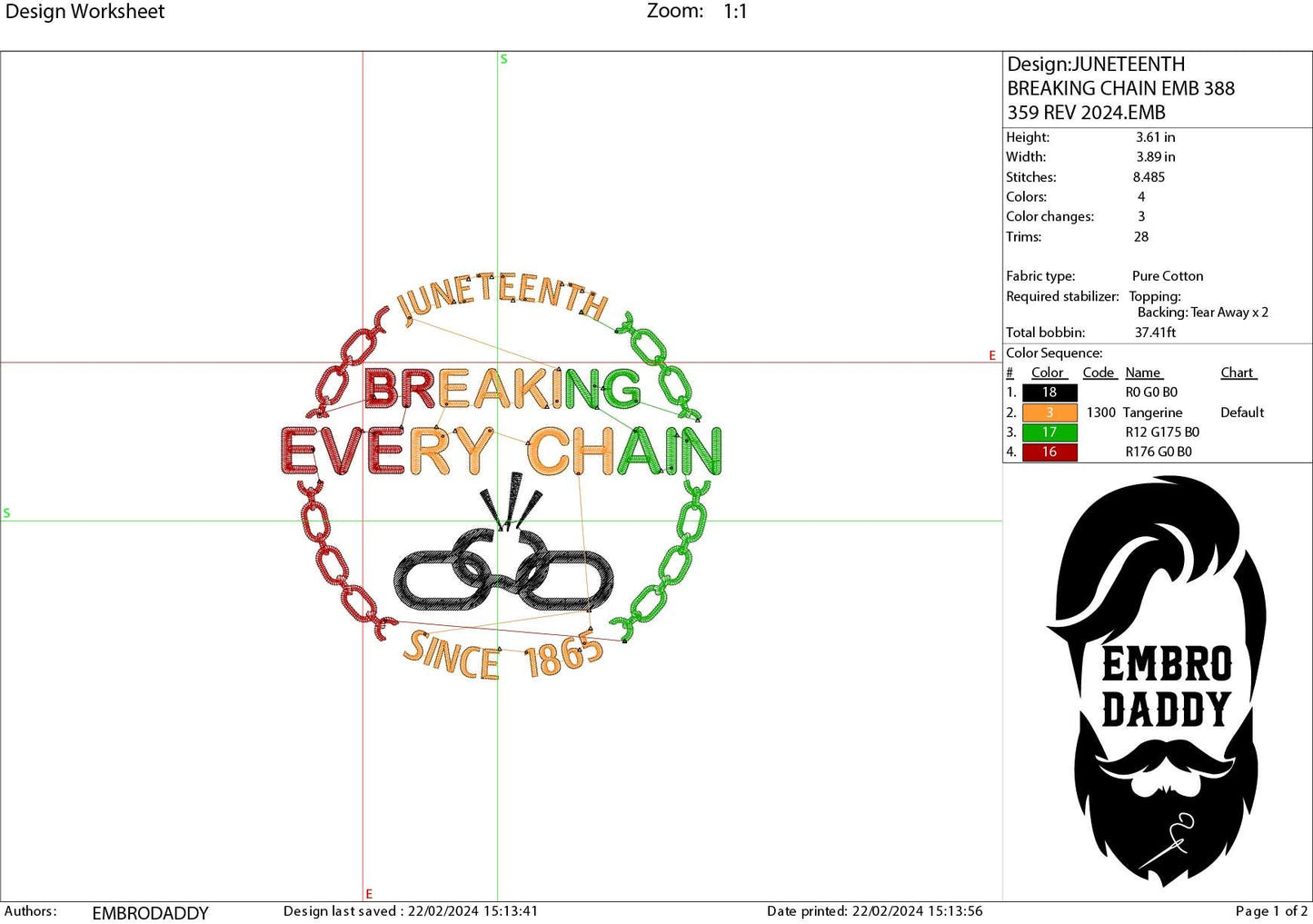 Machine Embroidery files, Juneteenth Breaking every chain since 1865, PES, hus, dst, vp3 & more