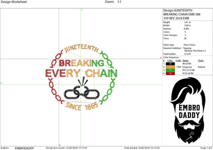 Machine Embroidery files, Juneteenth Breaking every chain since 1865, PES, hus, dst, vp3 & more