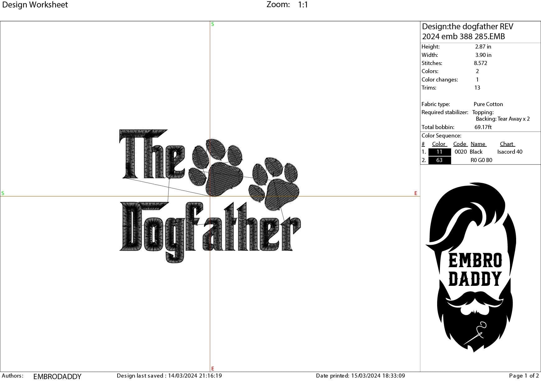 Machine Embroidery files, The Dogfather, DST, PES, xxx, hus & more, father's day