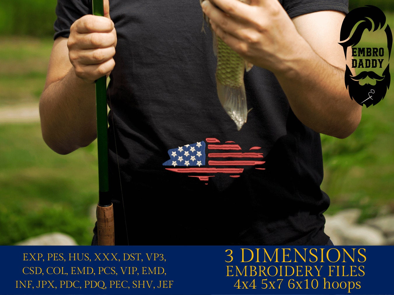 Machine Embroidery files, Bass fish USA flag, American Flag, PES, DST, xxx, hus & more