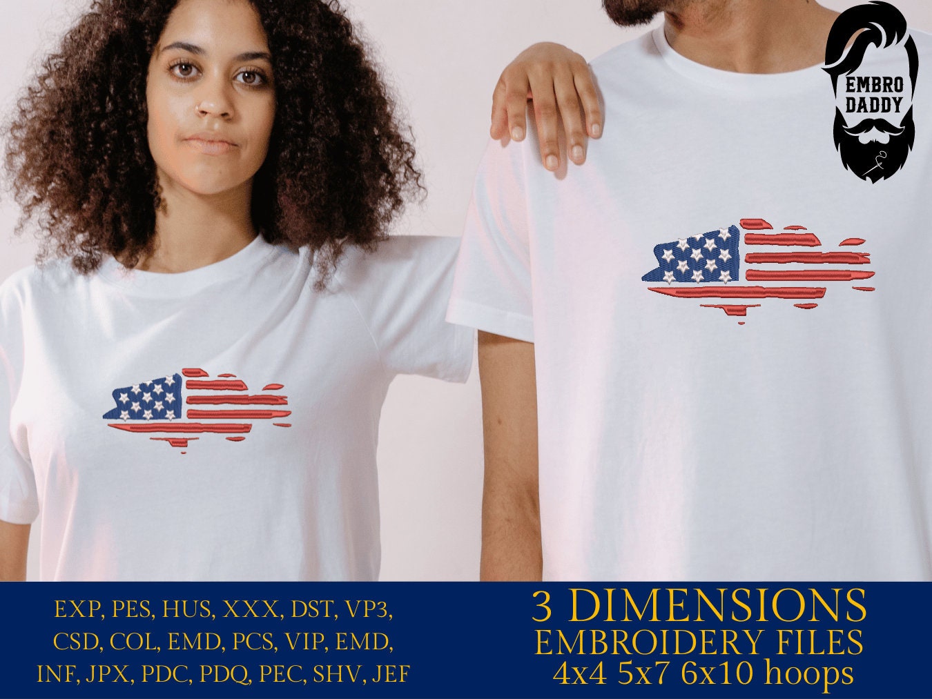 Machine Embroidery files, Bass fish USA flag, American Flag, PES, DST, xxx, hus & more