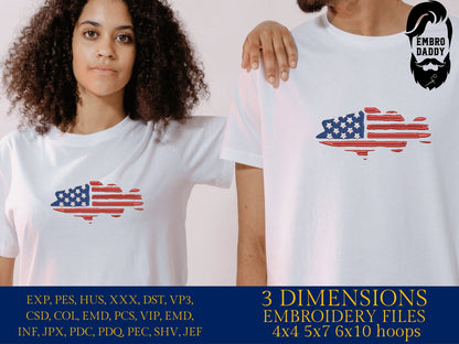 Machine Embroidery files, Bass fish USA flag, American Flag, PES, DST, xxx, hus & more