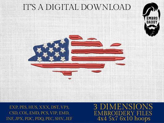 Machine Embroidery files, Bass fish USA flag, American Flag, PES, DST, xxx, hus & more