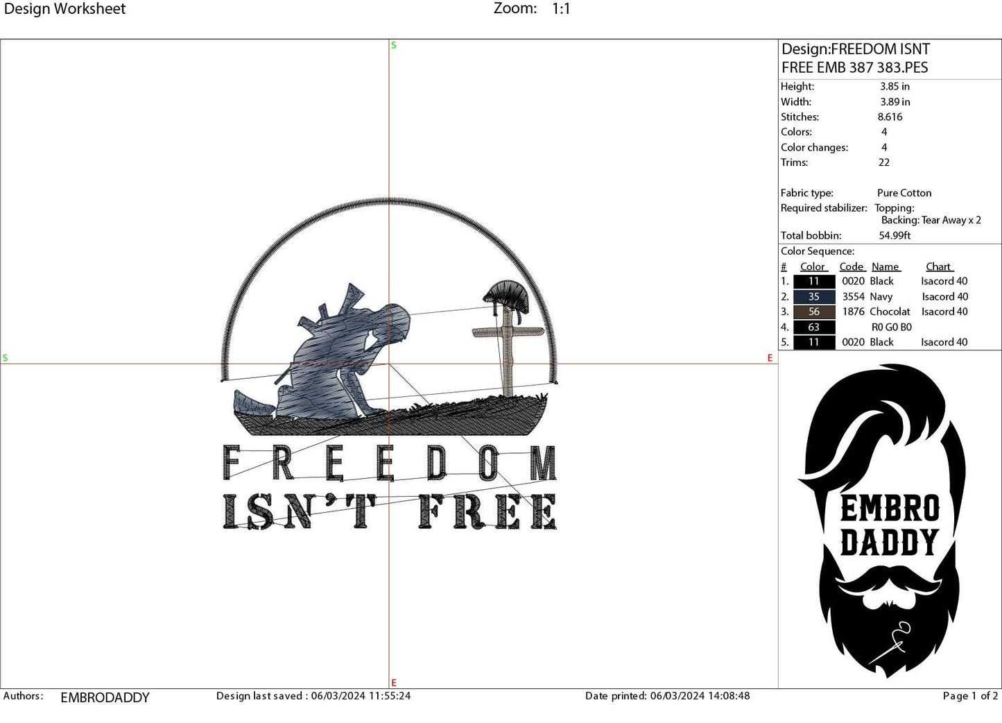 Machine Embroidery files, freedom isn't free, PES, DST, xxx, hus & more