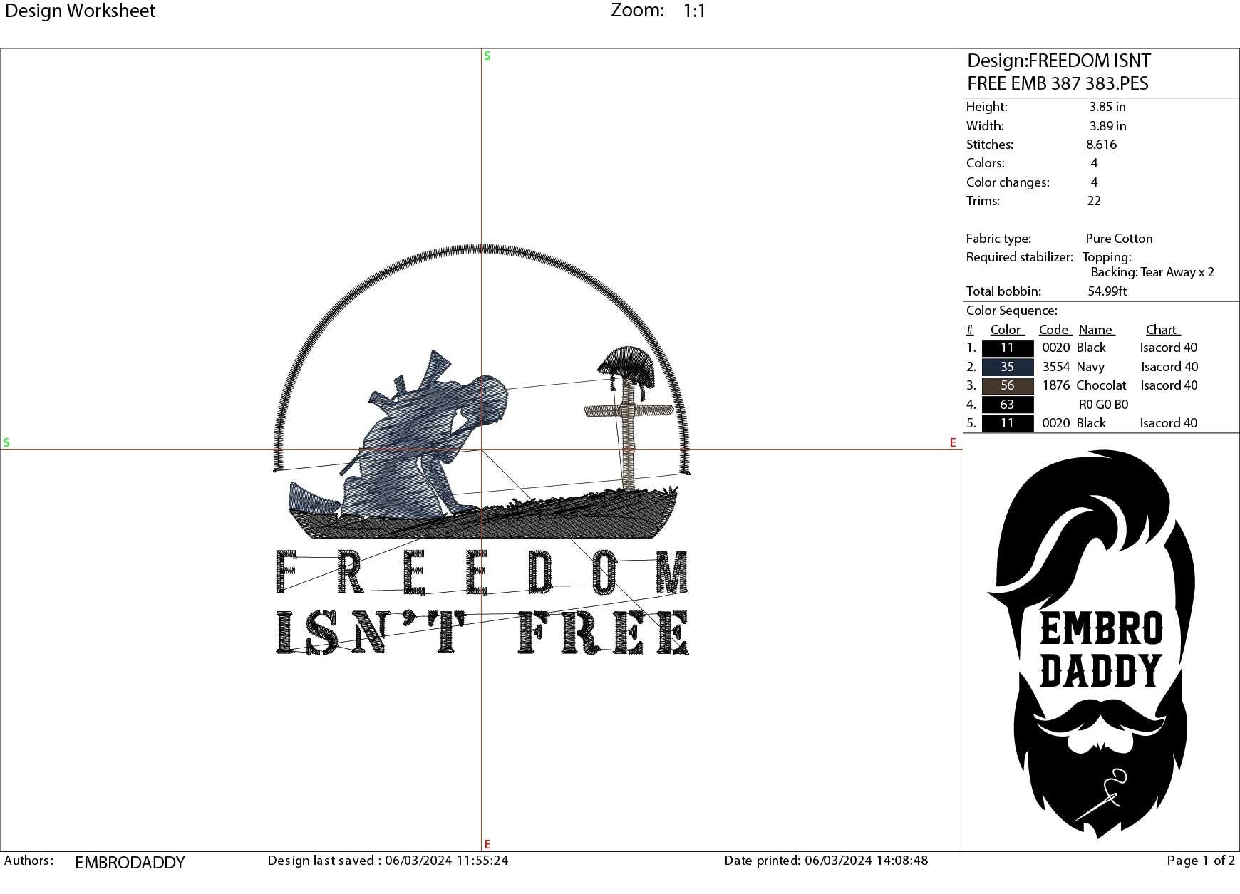 Machine Embroidery files, freedom isn't free, PES, DST, xxx, hus & more