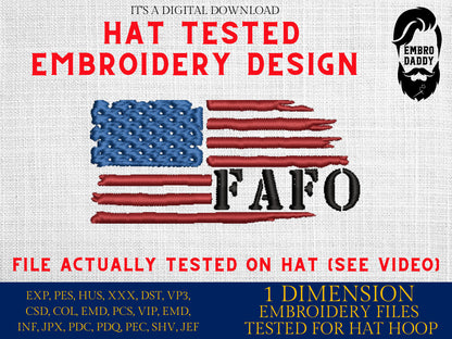 Machine Embroidery files, Usa flag FAFO, embroidery file digitize for hat, American Flag PES, xxx hus & more