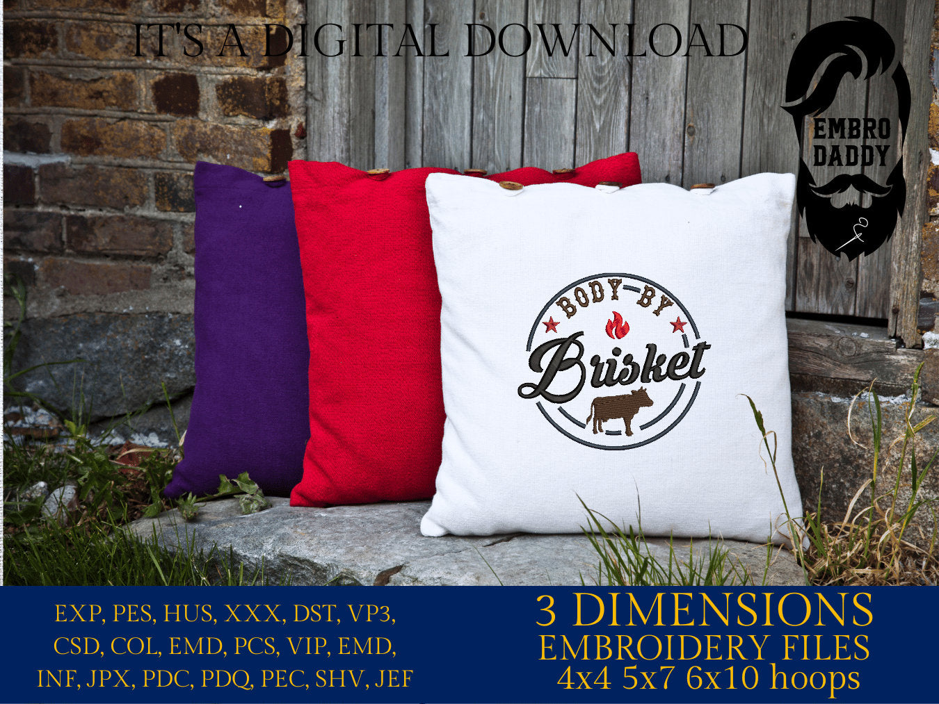 Machine Embroidery files, body by Brisket, BBQ, grill, DST, PES, xxx, hus, & more
