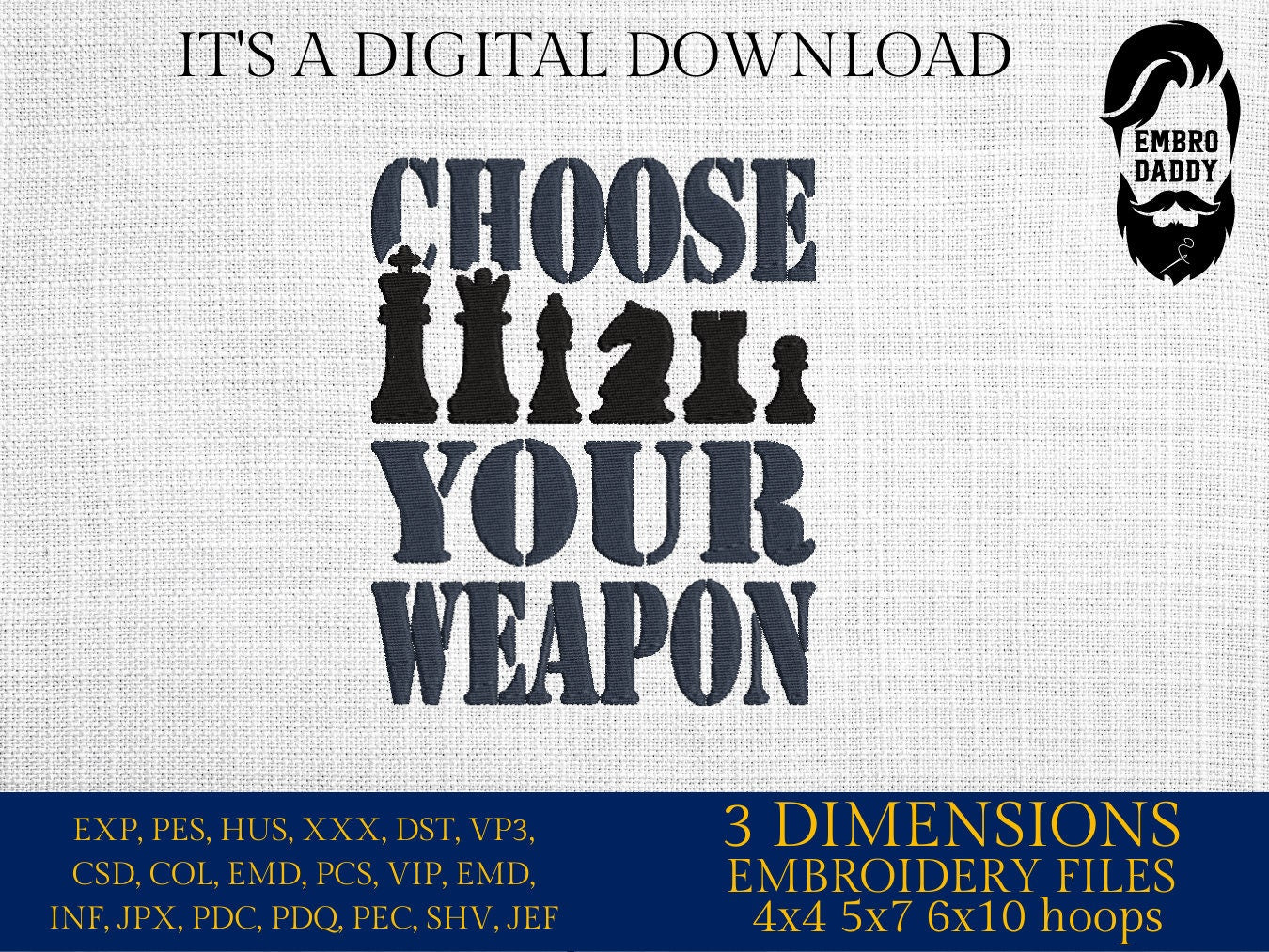 Machine Embroidery files, Choose your weapon, Chess, PES, xxx, hus & more, fan embroidery files