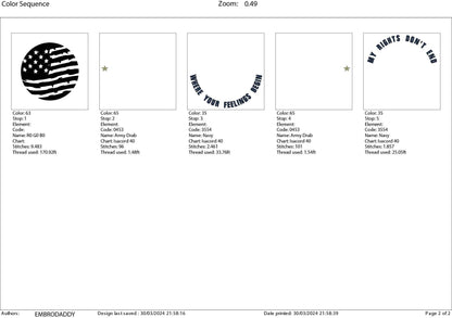 Machine Embroidery files, American Flag, my rights don't end, PES, dst, xxx hus & more