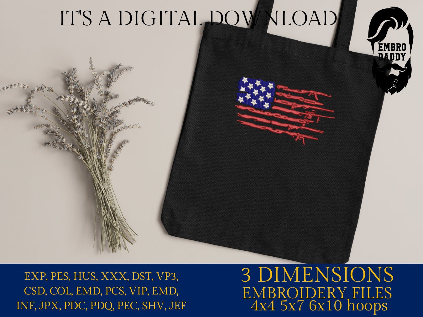 Machine Embroidery files, USA flag guns, PES, dst, xxx, hus & more