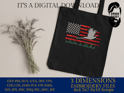 Machine Embroidery files, USA flag pheasant, PES, dst, xxx, hus & more