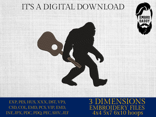 Machine Embroidery files, Bigfoot guitar, Bigfoot pes, Big Foot, Yeti, Sasquatch PES, xxx, hus & more