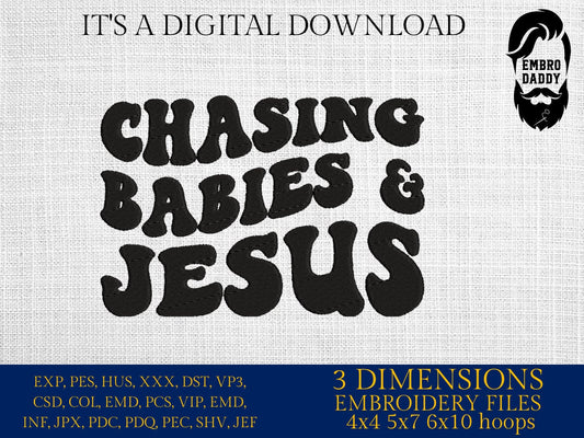 Machine Embroidery files, chasing babies and Jesus, PES, DST, xxx, hus & more