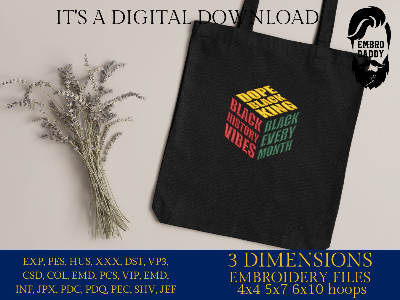 Machine Embroidery files, black every month, dope black king, black history vibes, PES, hus, dst, vp3 & more