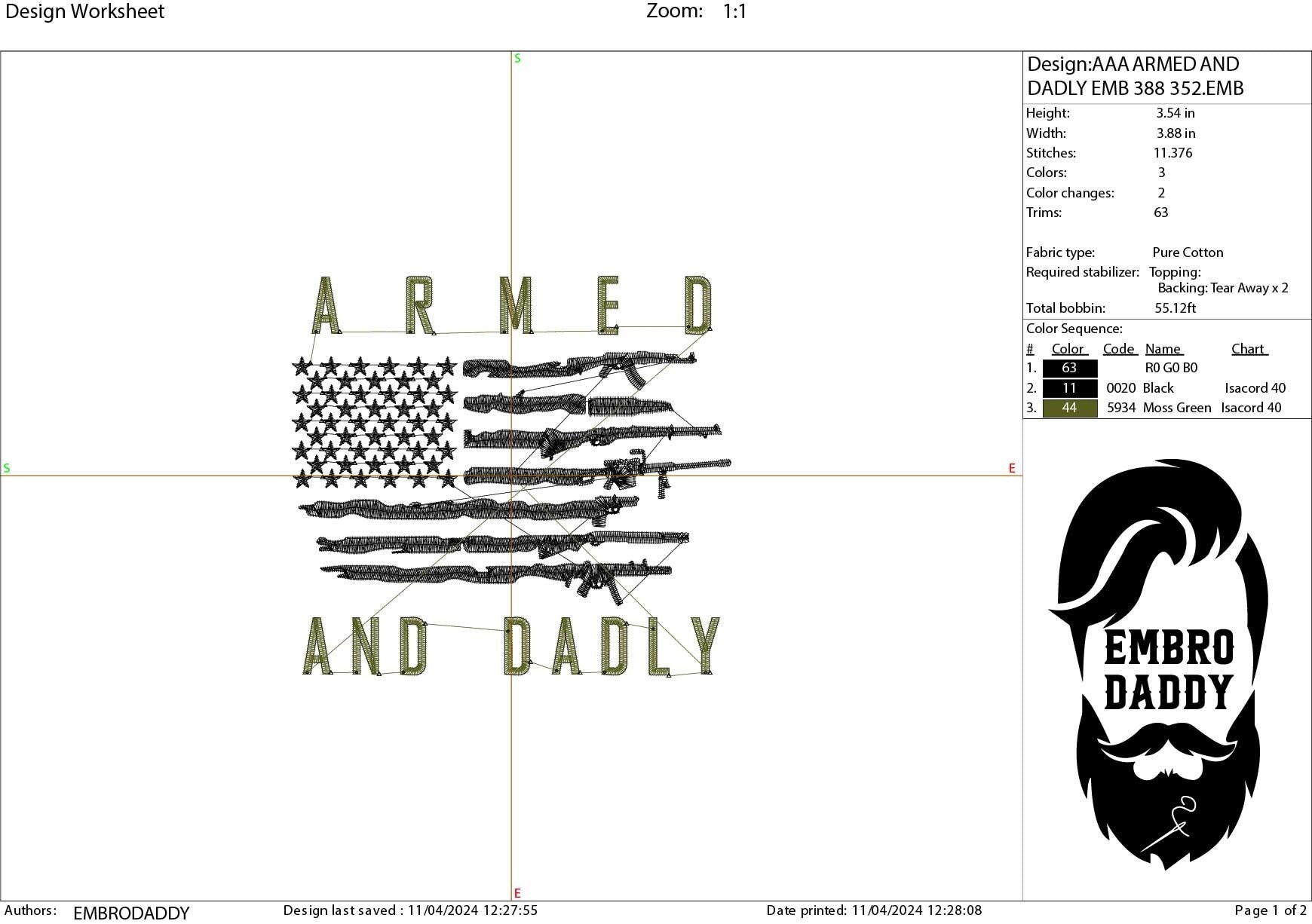 Machine Embroidery files, armed and dadly, USA flag guns, PES, dst, xxx, hus & more