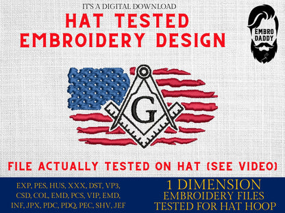 Machine Embroidery files, Usa flag masonry, embroidery file digitize for hat, American Flag PES, xxx hus & more