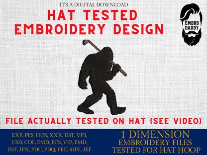 Machine Embroidery files, Bigfoot golfer, embroidery file digitize for hat, PES, xxx hus & more