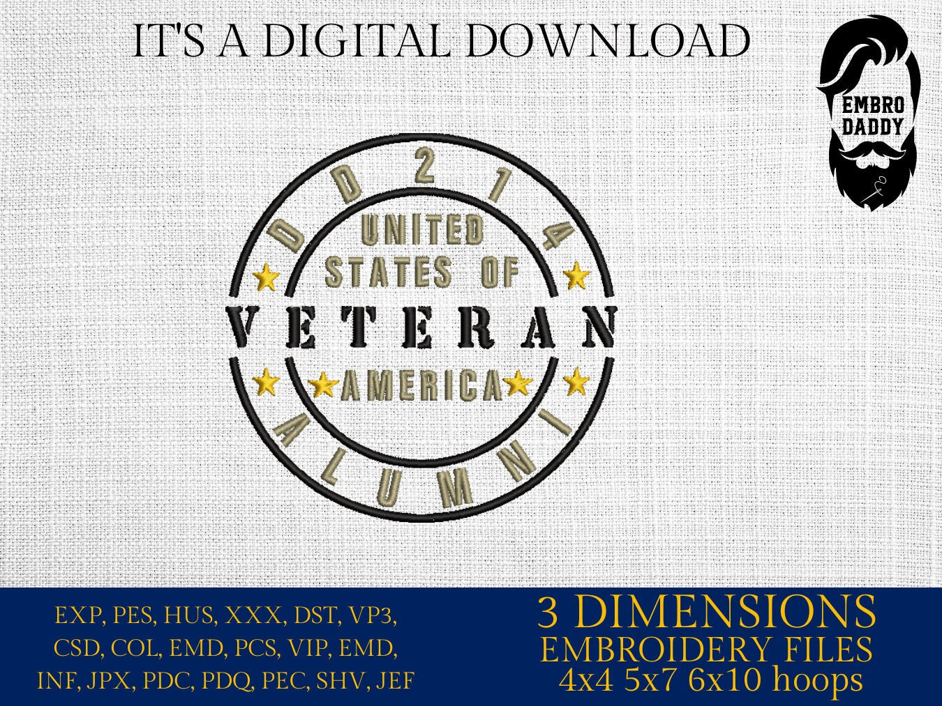 Machine Embroidery files, DD214 alumni, veteran, PES, dst, xxx hus & more