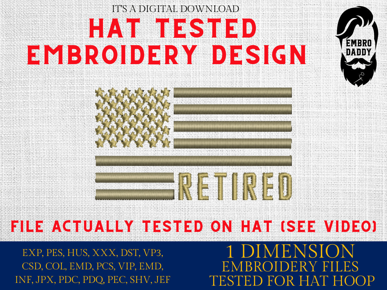 Machine Embroidery files, Usa flag Retired, embroidery file digitize for hat, American Flag PES, xxx hus & more