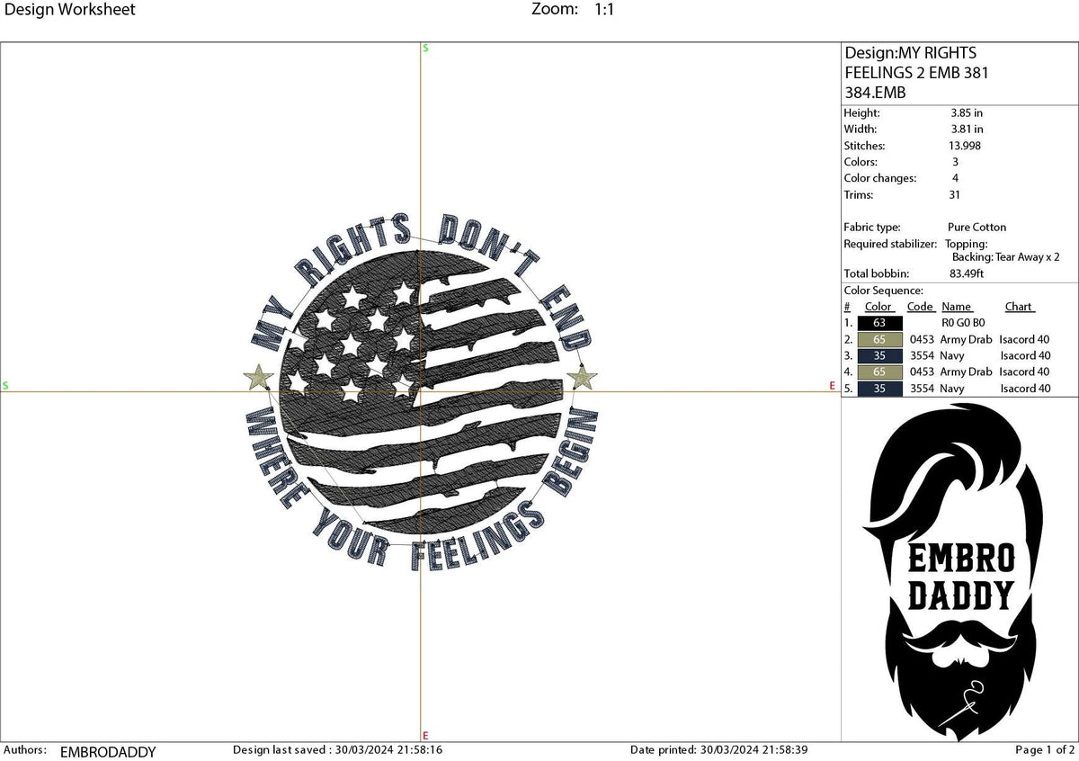 Machine Embroidery files, American Flag, my rights don't end, PES, dst, xxx hus & more