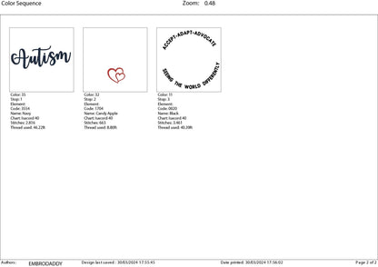 Machine Embroidery files, Autism Awareness, Accept Adapt Advocate, Autism Quotes , PES, dst, xxx hus & more