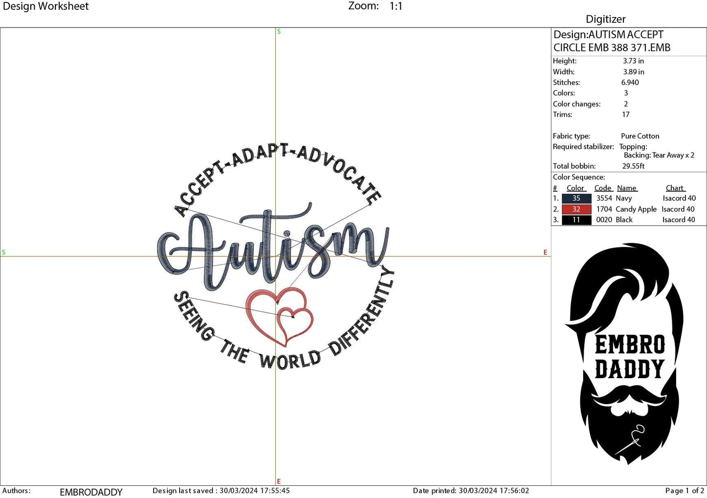 Machine Embroidery files, Autism Awareness, Accept Adapt Advocate, Autism Quotes , PES, dst, xxx hus & more