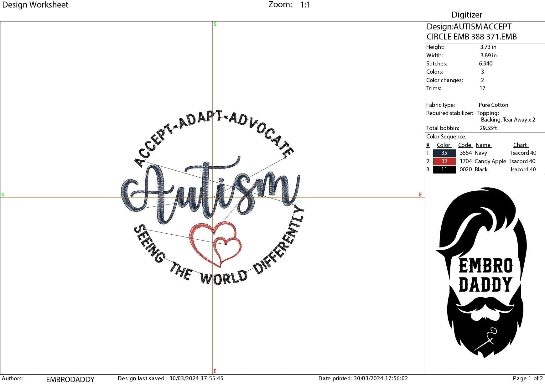 Machine Embroidery files, Autism Awareness, Accept Adapt Advocate, Autism Quotes , PES, dst, xxx hus & more
