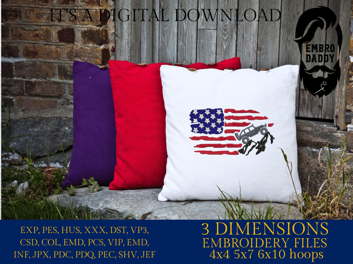 Machine Embroidery files, American Flag, offroad car, PES, dst, xxx hus & more