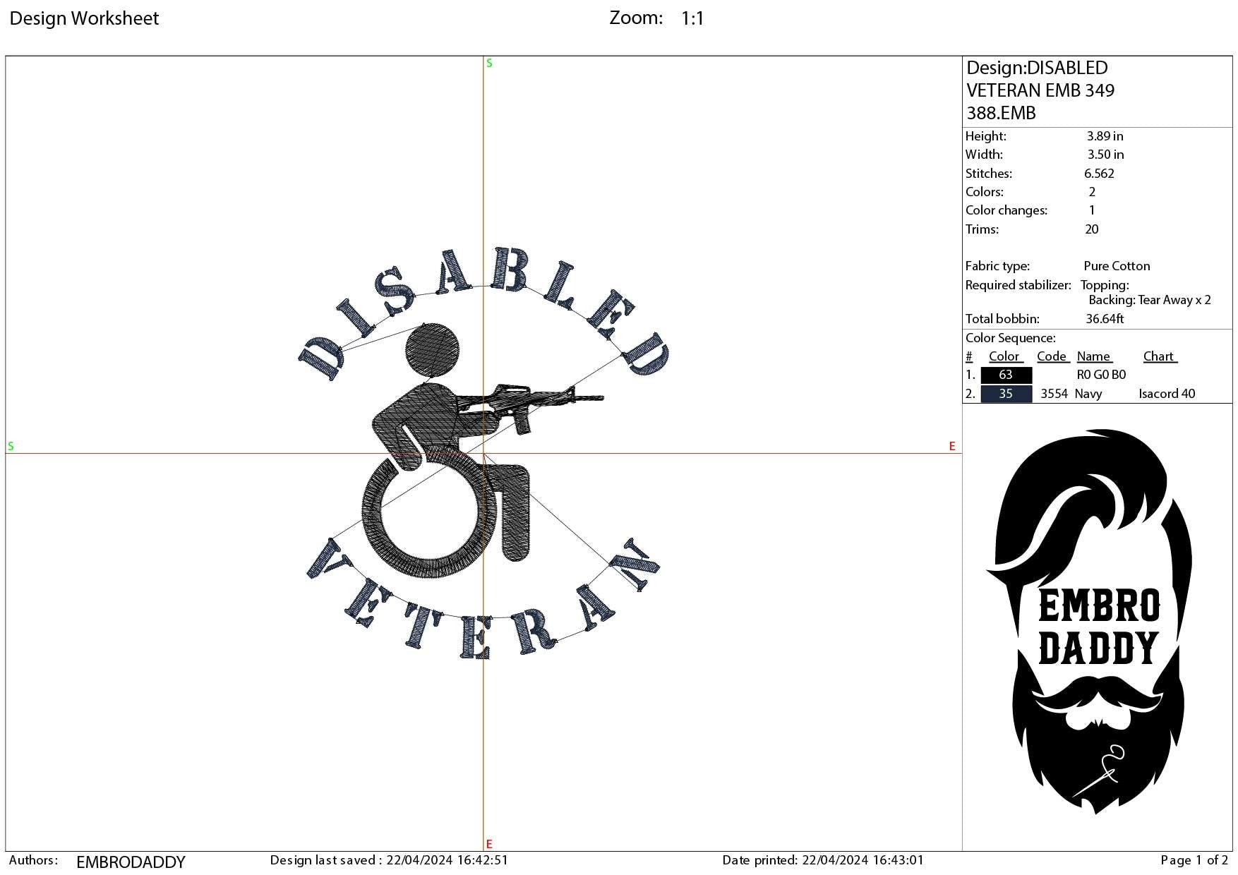 Machine Embroidery files, Disable veteran, PES, dst, xxx hus & more