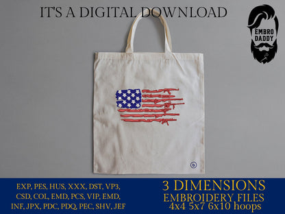 Machine Embroidery files, USA flag guns, PES, dst, xxx, hus & more