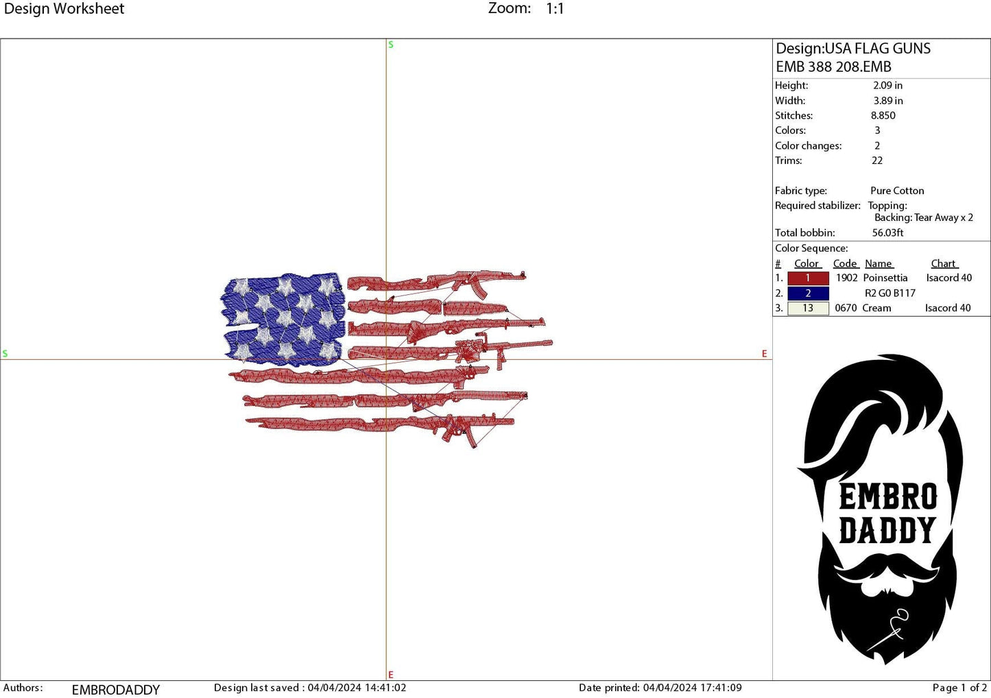 Machine Embroidery files, USA flag guns, PES, dst, xxx, hus & more