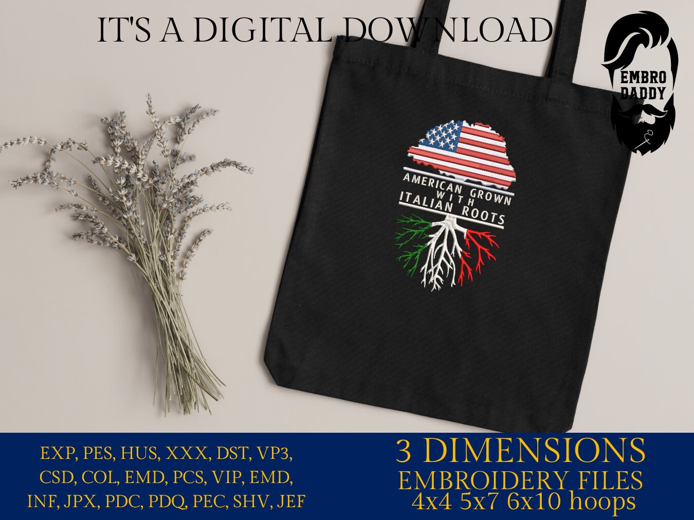 Machine Embroidery, American Grown Italian Roots Family Quote, gift idea PES, xxx, hus & more, Family reunion American Flag Italian Flag