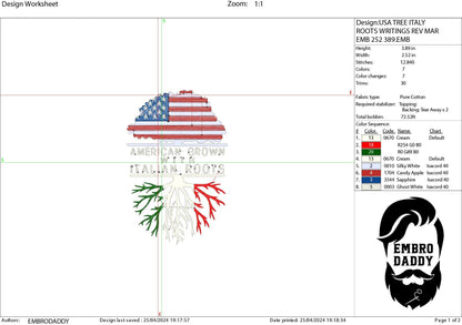 Machine Embroidery, American Grown Italian Roots Family Quote, gift idea PES, xxx, hus & more, Family reunion American Flag Italian Flag