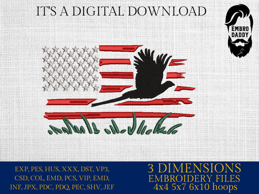 Machine Embroidery files, USA flag pheasant, PES, dst, xxx, hus & more