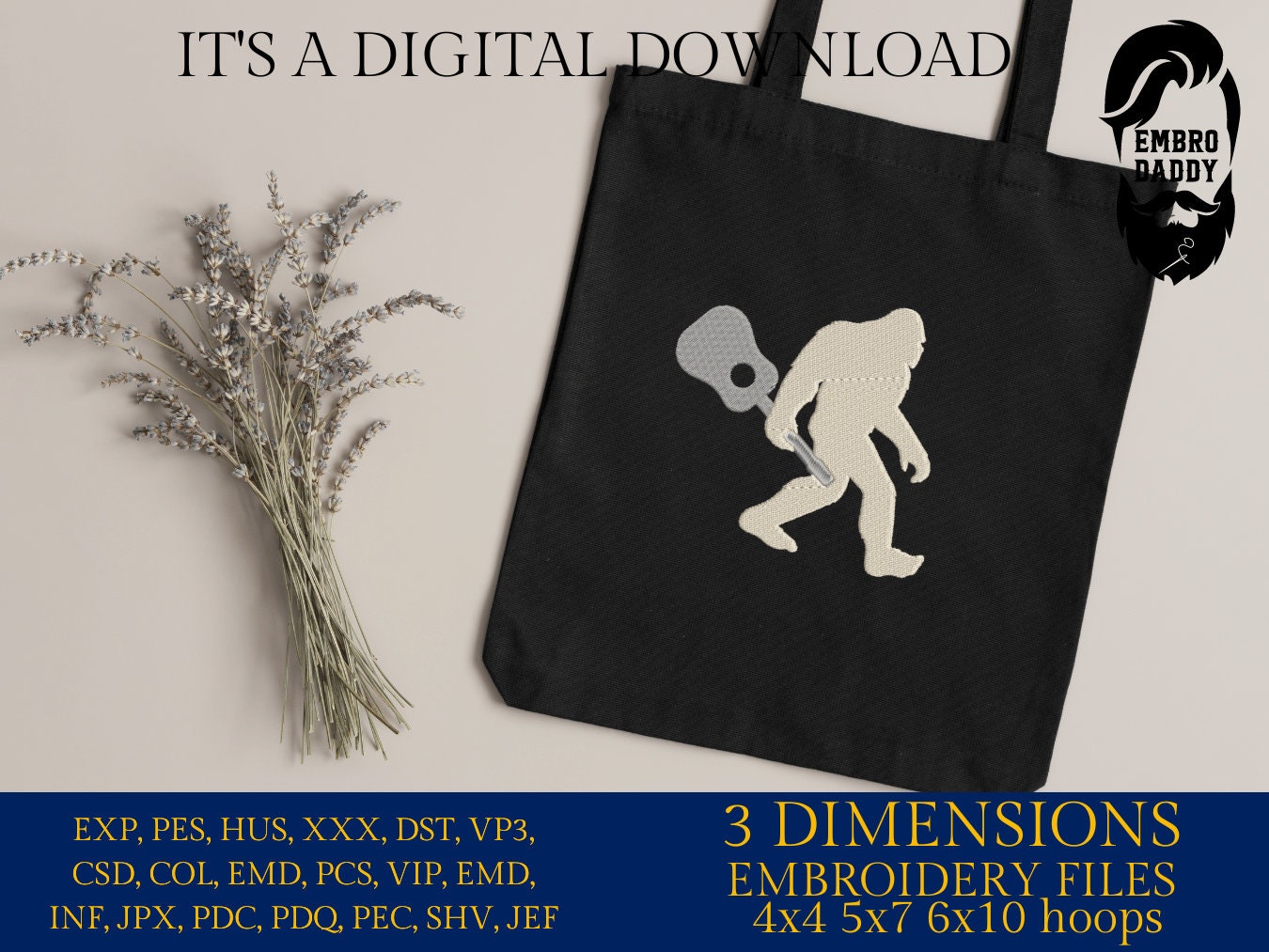 Machine Embroidery files, Bigfoot guitar, Bigfoot pes, Big Foot, Yeti, Sasquatch PES, xxx, hus & more