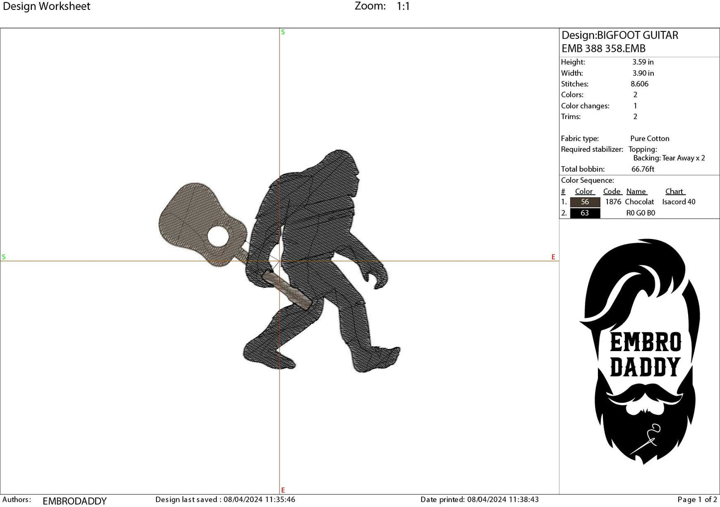 Machine Embroidery files, Bigfoot guitar, Bigfoot pes, Big Foot, Yeti, Sasquatch PES, xxx, hus & more