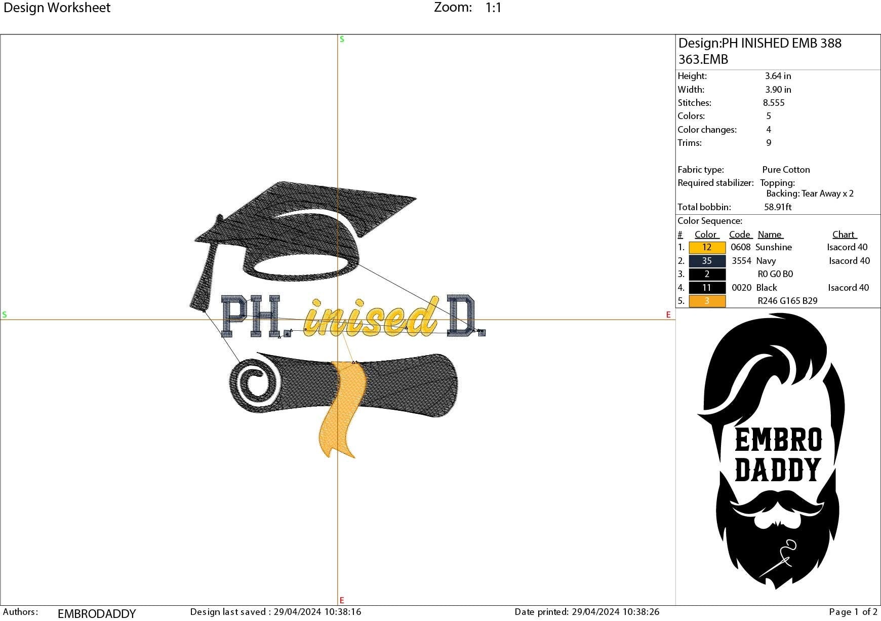 Machine Embroidery files, Phinished, Doctor of Philosophy, PHD Graduate, Doctorate, Doctoral Graduation PES, xxx, hus & more