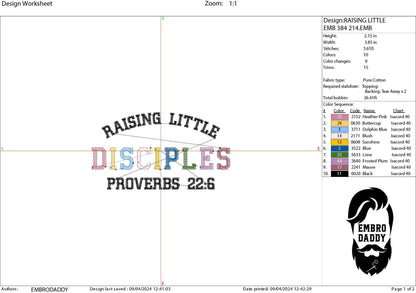 Machine Embroidery files, raising little disciples, little disciple, proverbs 22:6 embroidery files, PES, xxx, hus & more, embroidery files