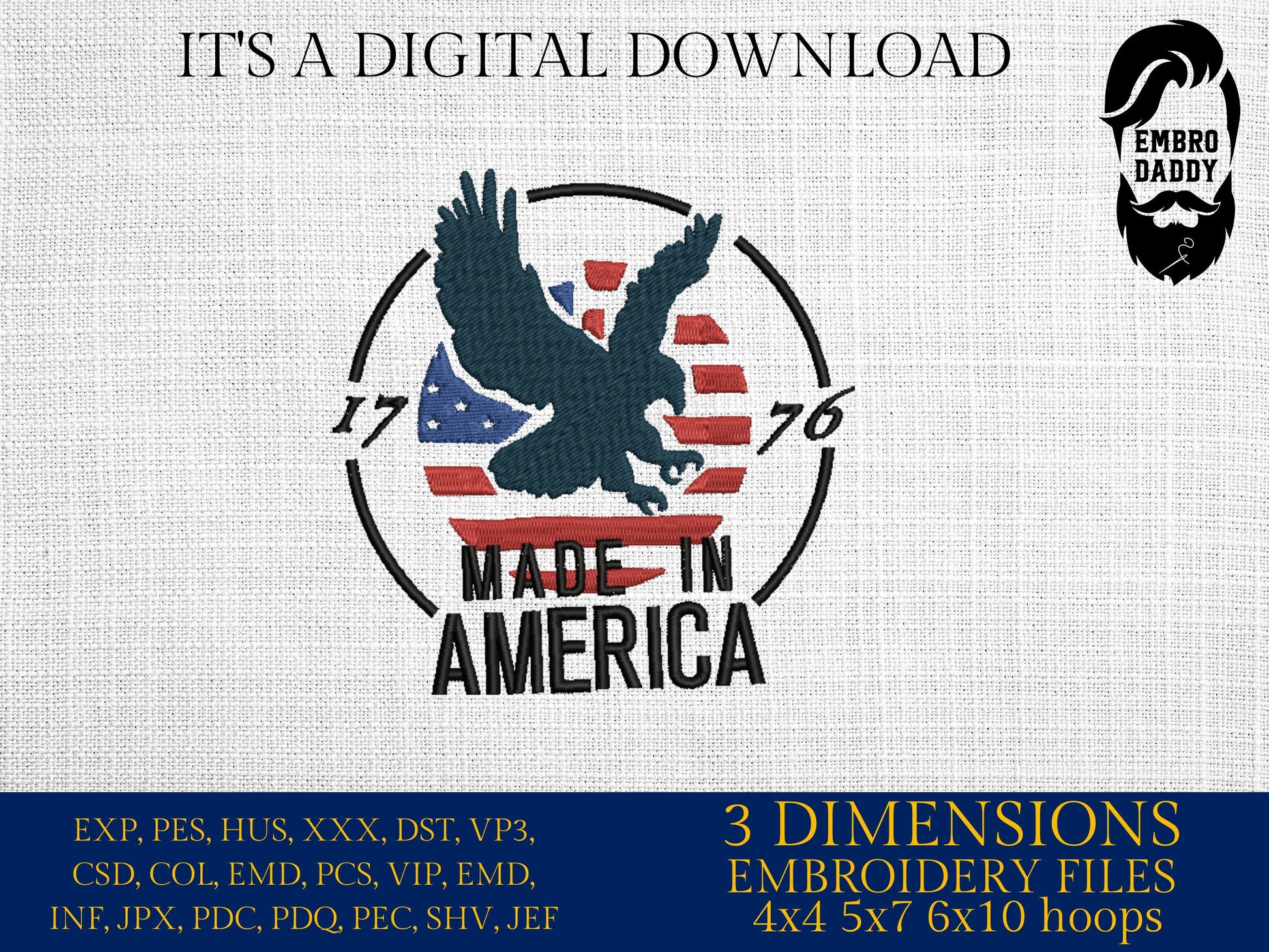 Machine Embroidery files, Made in America 1776, PES, xxx, hus & more, embroidery files