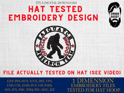 Machine Embroidery files digitized for hats, Sasquatch search team embroidery files, bigfoot Design, PES, xxx hus & more