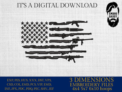 Machine Embroidery files, USA flag guns, PES, dst, xxx, hus & more