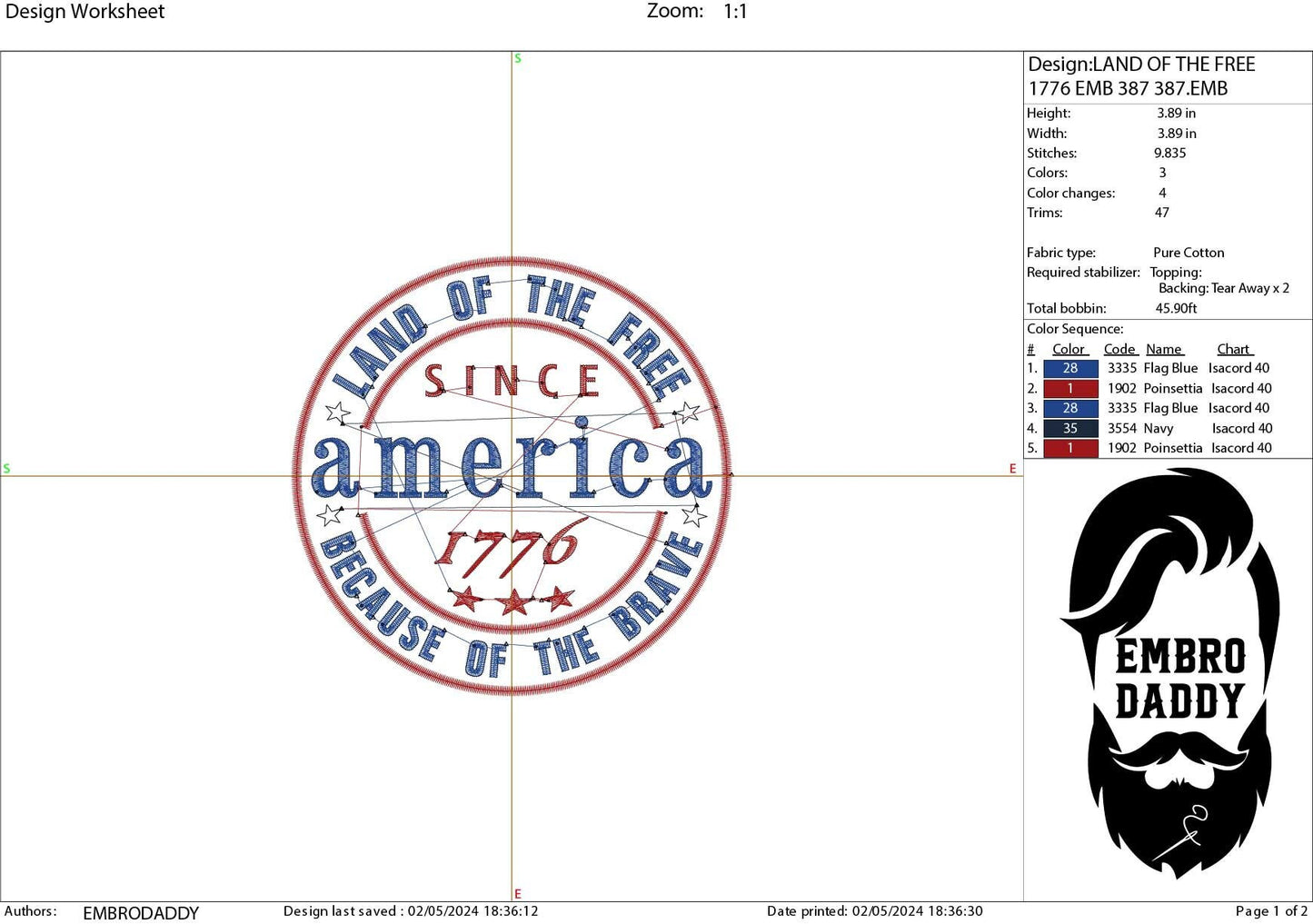 Machine Embroidery files, America land of the free sice 1776, PES, xxx, hus, dst & more