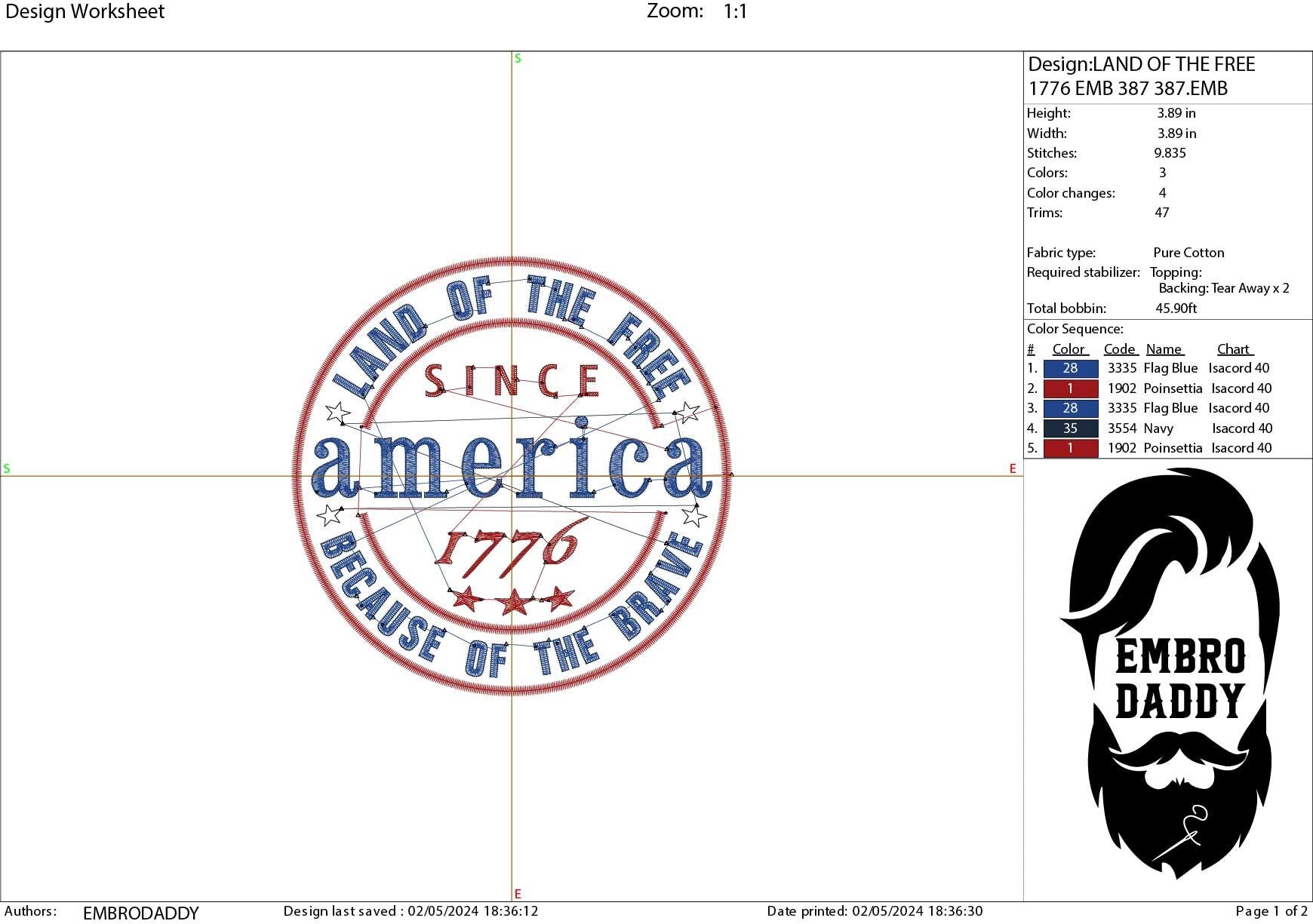 Machine Embroidery files, America land of the free sice 1776, PES, xxx, hus, dst & more