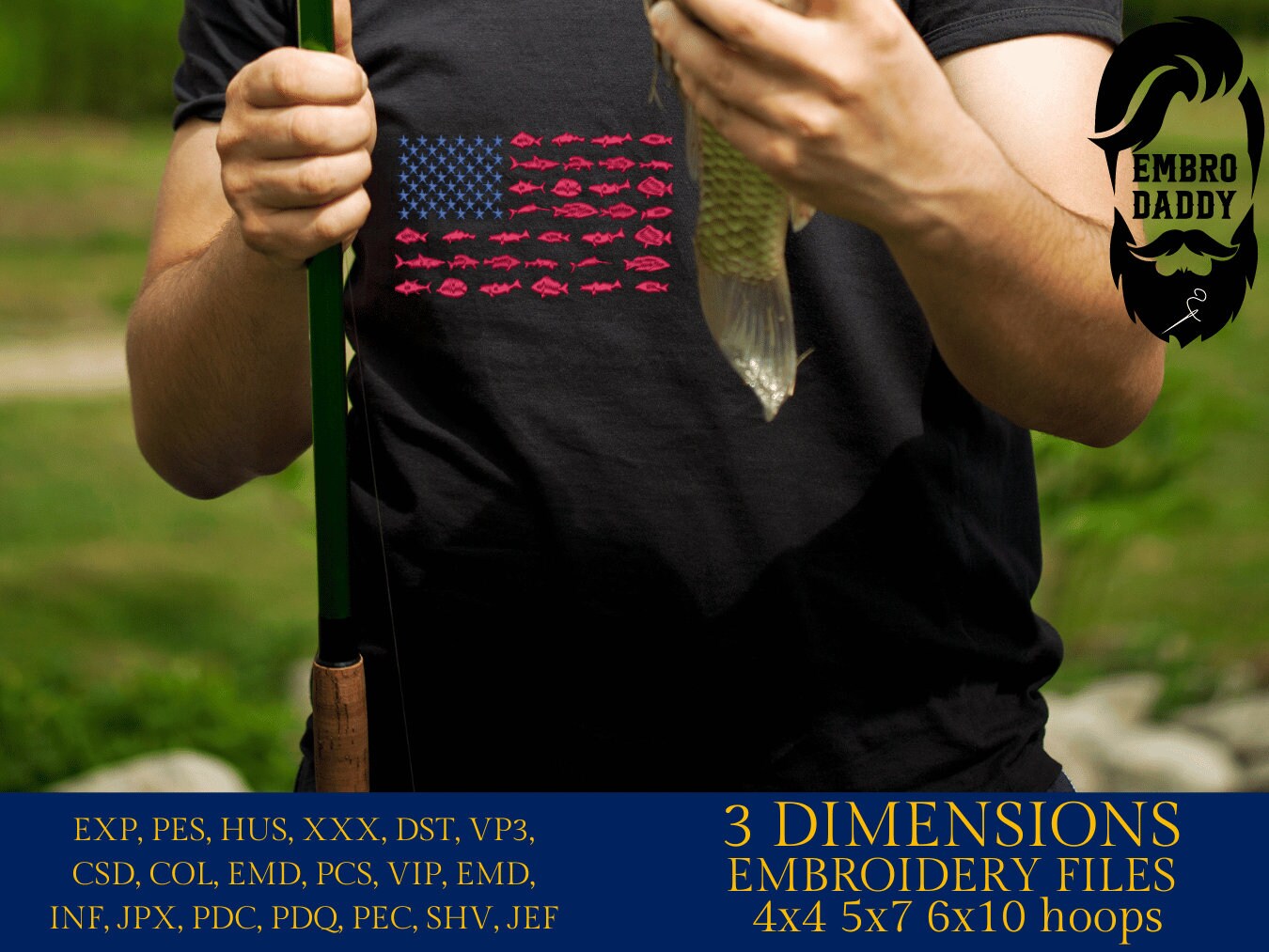 Machine Embroidery files, fish USA flag, American Flag, PES, DST, xxx, hus & more