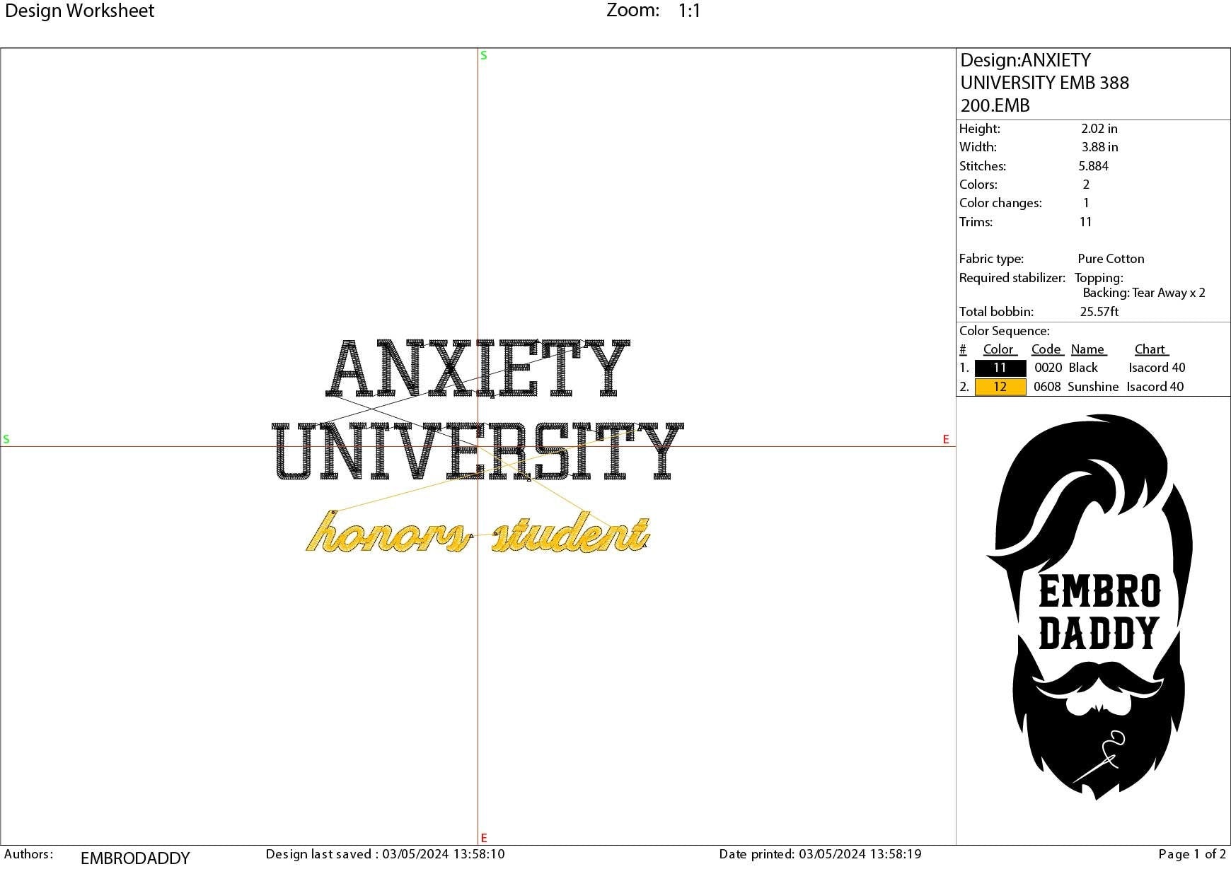 Machine Embroidery files, Anxiety University, PES, DST, xxx, hus & more