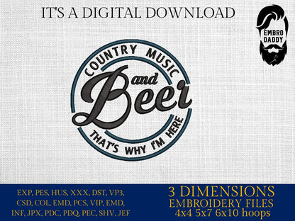 Machine Embroidery files, Country music and Beer, PES, DST, xxx, hus and more