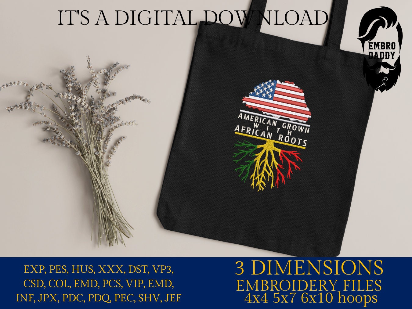 Machine Embroidery, American Grown African Roots Family Quote, gift idea PES, xxx, hus & more, Family reunion American Flag African Flag
